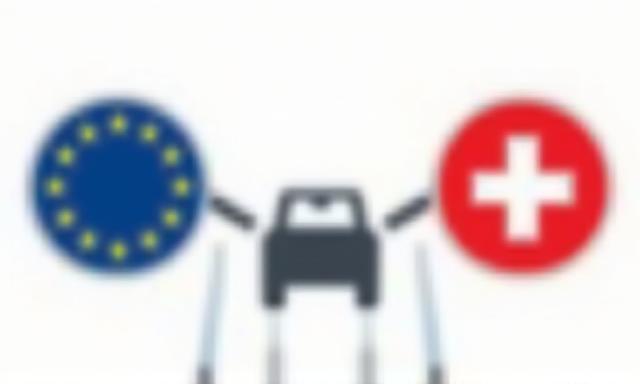 Ein EU- und ein Schweizer-Fahnensymbol mit einem Fahrzeug dazwischen
